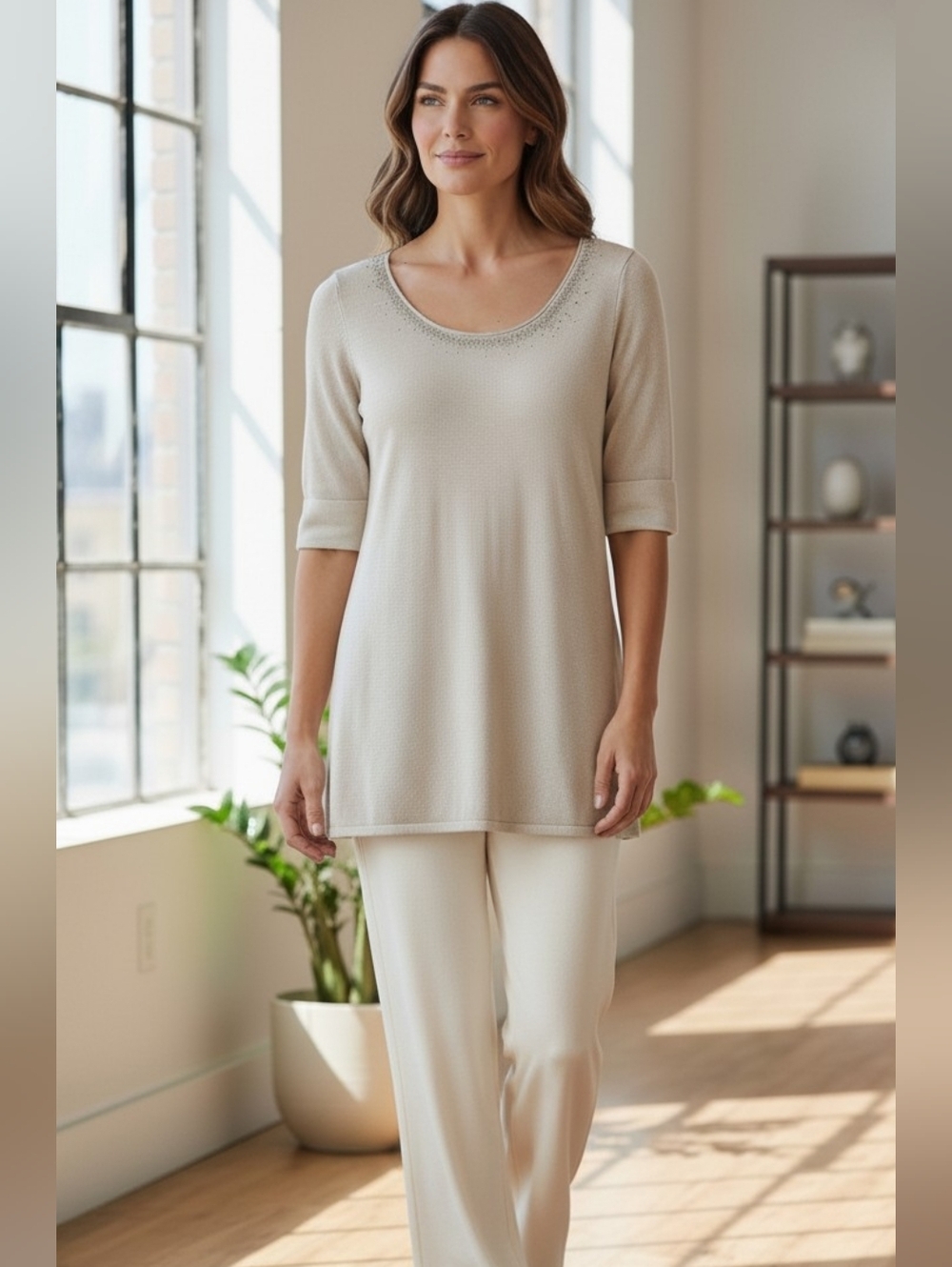 Eileen Fisher Merino Wool Tunic Top Tan Embellished Neckline Quiet Luxury Small